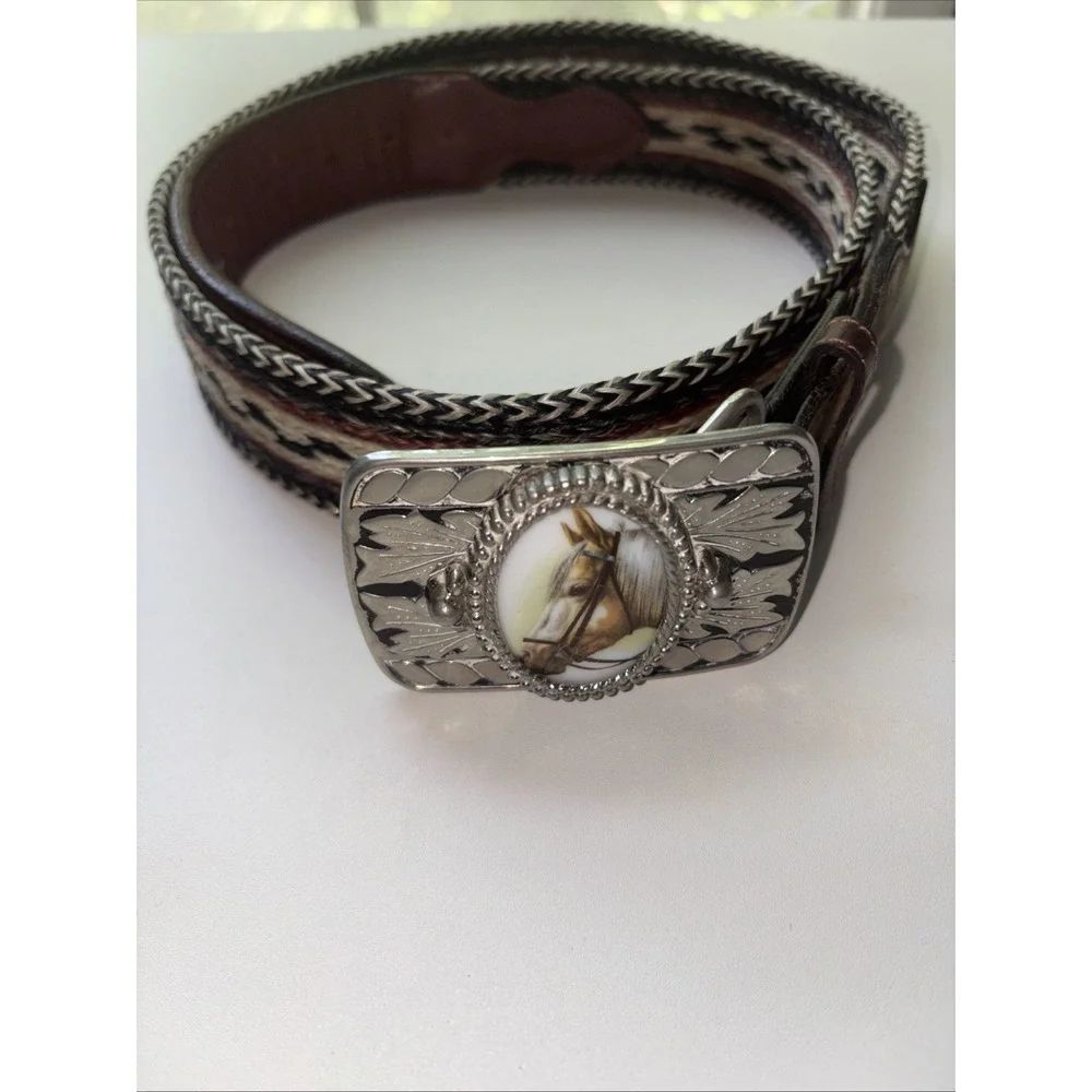 Genuine Hand-Braided Horsehair Western Leather Belt Engraved Horse Buckle Silver